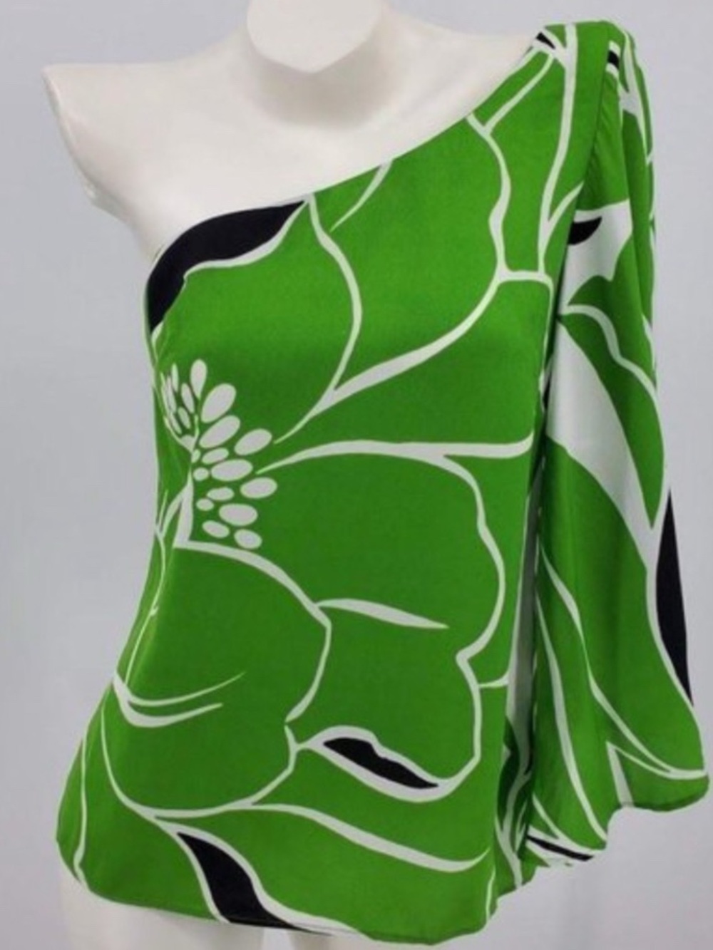 Worthington Floral Graphic Leaf One Shoulder Statement Sleeve Blouse